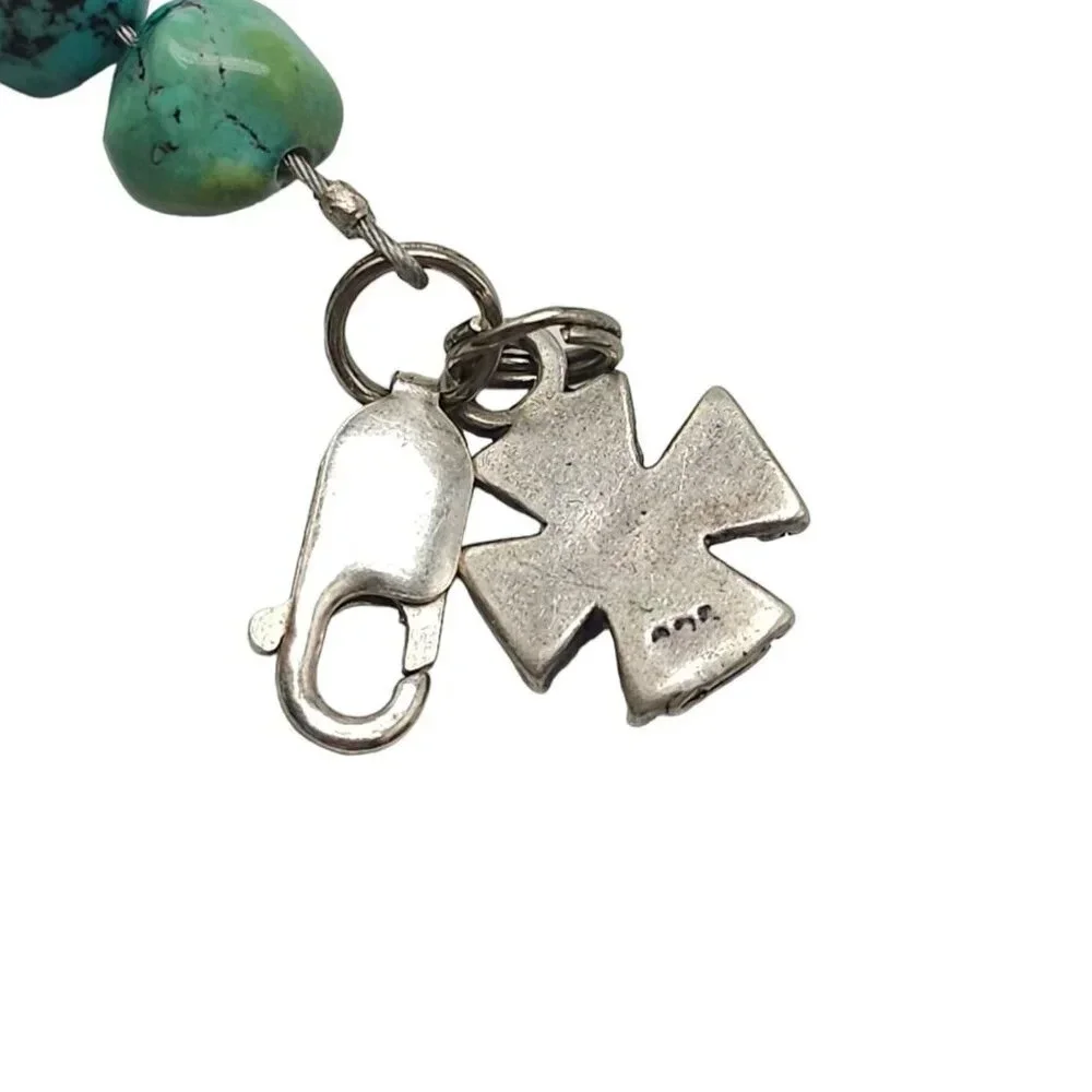 925 Sterling Silver Maltese Cross Blue Turquoise Beaded Bangle Bracelet Vintage